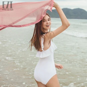 

July Sand Lovely One Piece Swimsuit Ruffled Swimwear Women Solid White Bathing Suit Beachwear Bodysuit 19W114