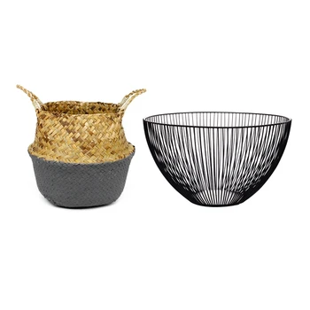 

1pcs Woven Seagrass Basket Rattan Flower Vase Gray & 1pcs Fruit Tray Drain Basket Household Iron