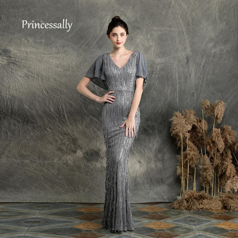 

Robe De Soriee New Grey Evening Dress Classy Long Mermaid V neck Butterfly Ruffled Short Sleeve Prom Party Gown 2021