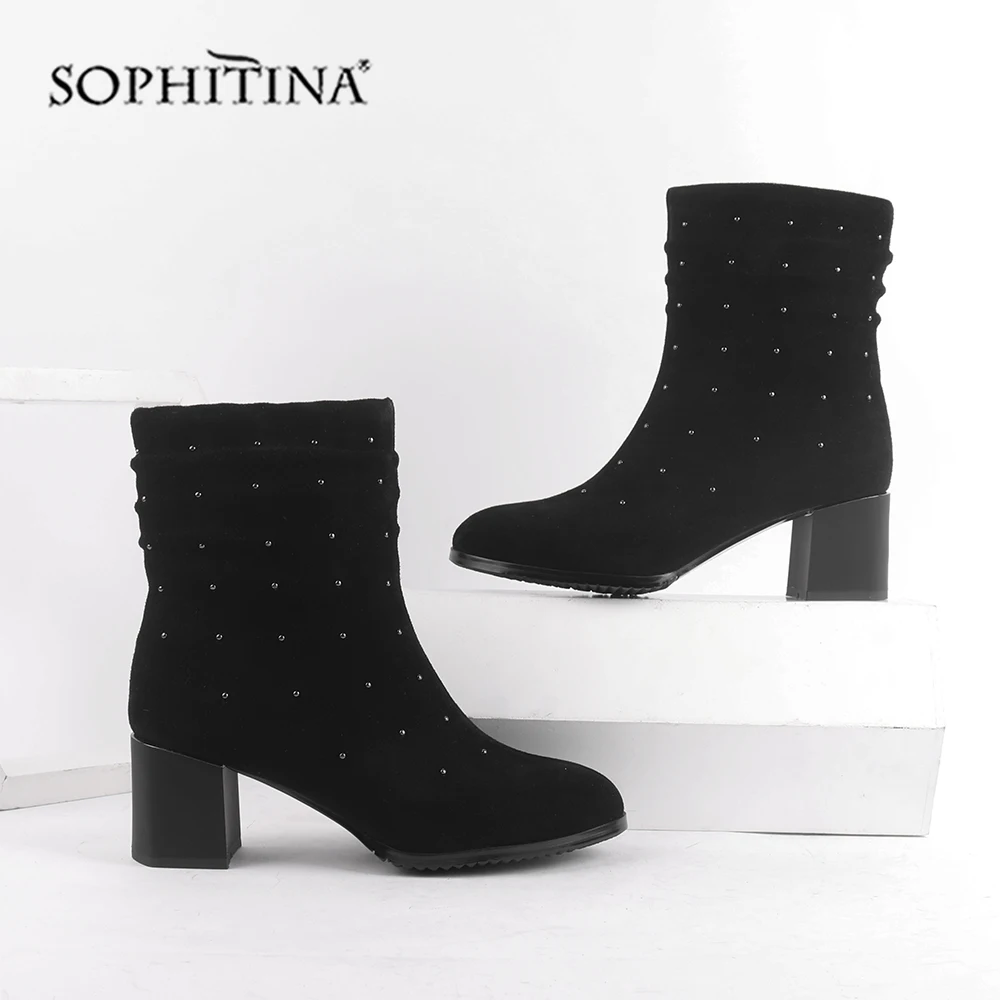 SOPHITINA/однотонные модные дизайнерские ботинки; высококачественные удобные замшевые ботинки с круглым носком на квадратном каблуке; женские ботильоны; SC502