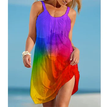 Vestito da modo delle donne della stampa della pittura dell'arcobaleno vestito da spiaggia Sexy di estate Midi abiti da festa senza maniche della boemia orlo elegante del vestito estivo 1