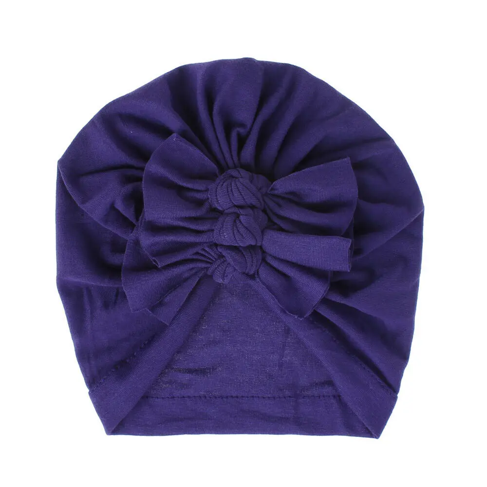 Dark Purple Шапки для новорожденных мальчиков и девочек, шапка-тюрбан с бантиком, хлопковая шапочка для младенцев, зимняя теплая шапка - Цвет: Dark Purple