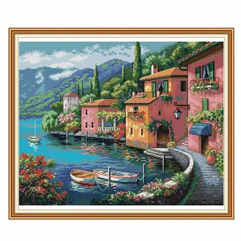 

Seaside Colored House Landscape Printed Cross Stitch Kit Counting Cross Stitch Embroidery Kit Christmas Home Decoration Supplies
