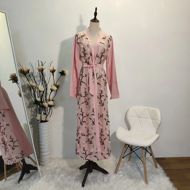 Pink cardigan Цветочное кимоно абайя Дубайский хиджаб мусульманское платье Турецкий ислам одежда Абая для женщин кафтан халат кардиган Djelaba Kleding - Цвет: Pink cardigan