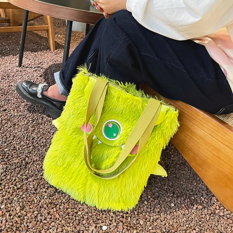 Women new Japanese cute funny plush handbag personality embroidery little monster plush girl student shoulder bag female bag