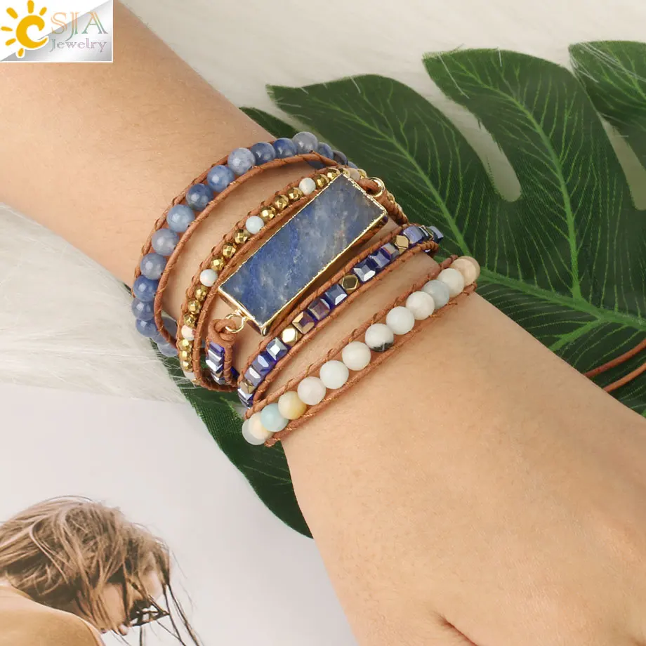 CSJA многослойные кожаные браслеты для женщин с натуральным камнем, голубой авантюрин, гематит, браслет из бисера, 5 нитей, Boho Jewelry S564