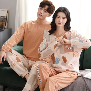 

couple pajamas 100% Cotton Cartoon pajamas for women Long Sleeve pajamas men Sleepwear pijama hombre home suit Christmas Gift
