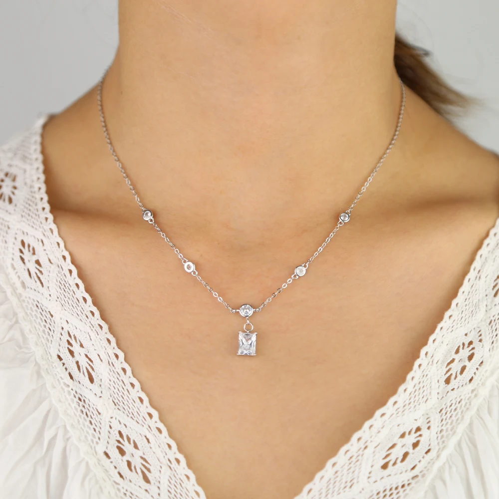 925 sterling silver Sparking bling Cubic zirconia Fashion Fine silver cz station necklace