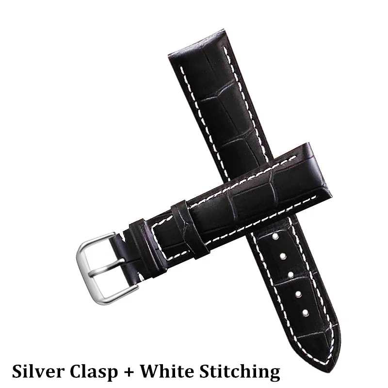 Silver Clasp Black A Ремешок для часов из натуральной кожи 12, 14, 16, 18, 20, 22 мм, универсальный ремешок с пряжкой, ремешок для наручных часов для брендовых часов Tissot Seiko - Цвет ремешка: Silver Clasp Black A