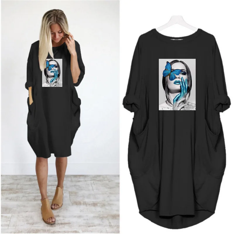 Plus Size Nordic Art Dress Butterfly Girl Cool Women Midi Dresses O-Neck Autumn Thin Long Sleeve Pockets Loose Party Vestidos