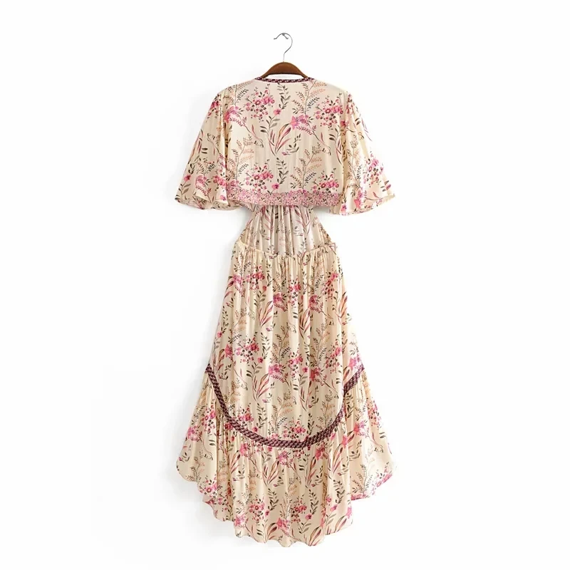 Summer long dress Vintage Floral Print Backless Chic Boho Dress Women With Sashes Asymmetrical Beach Dress Vestidos