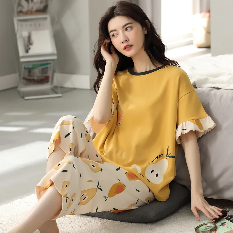 Cute Sleepwear Women's Cotton Pajama Sets Cartoon Print Short Sleeve Tee  and Pants Pajama Set pj set Pyjamas For Women