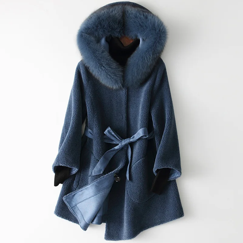 

Winter Spring Wool Coat Medium Length Female Fox Fur Collar Coat Fashion Warm High Quality Mid-Length Hooded Cloak Pockets