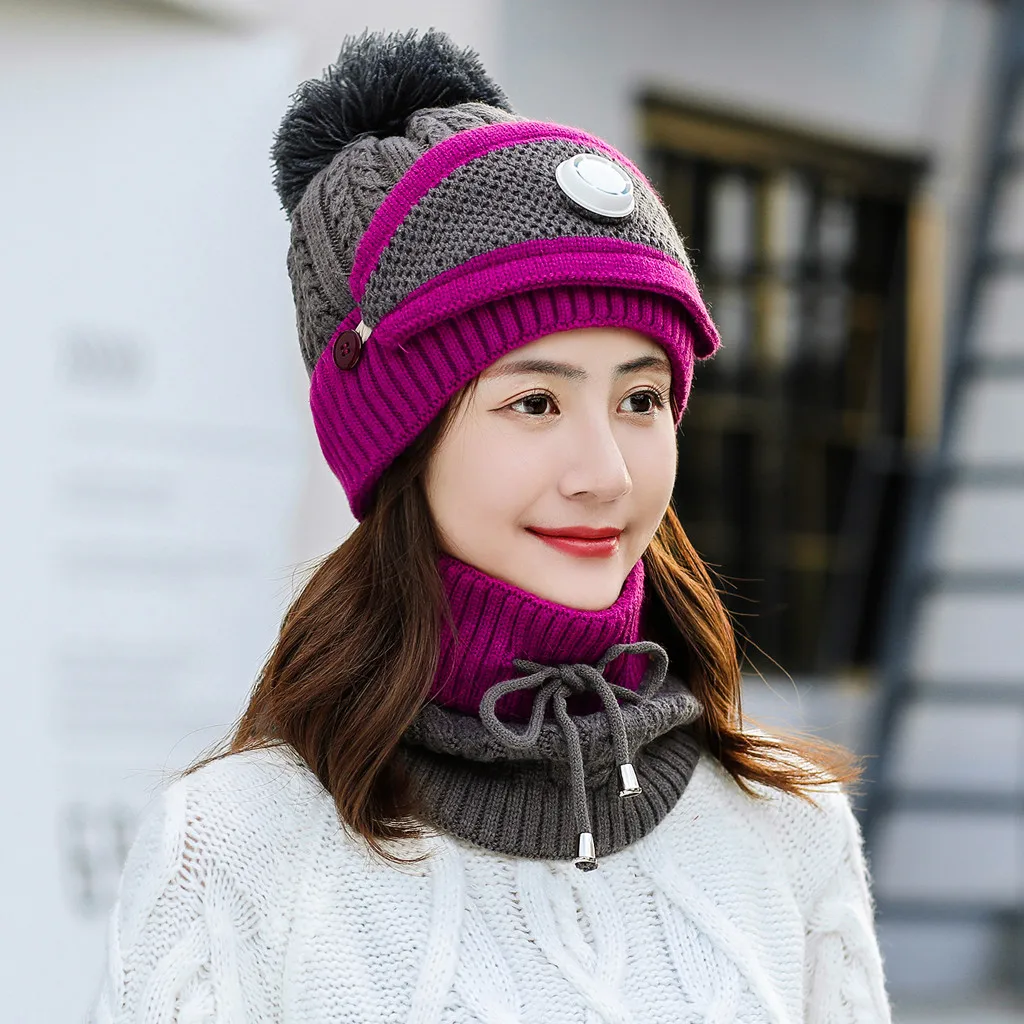 35# женские теплые осенние зимние вязаные шапки Шапки Маска женская зимняя шапка вязаный набор шапки и шарфа круглая Лыжная Шапка женская