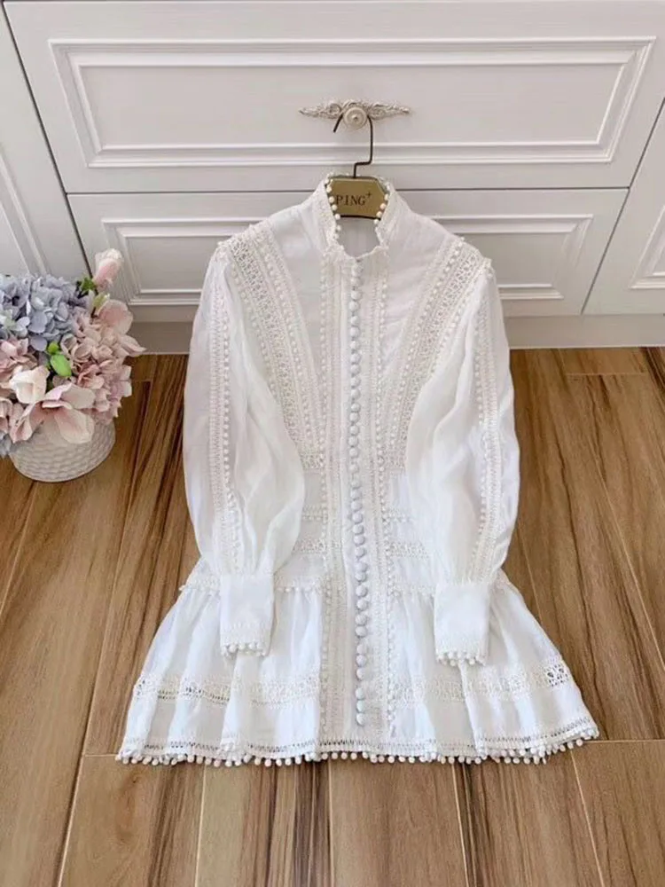 Ziwwshaoyu дизайнер высокого класса осень-зима ручная вышивка однобортная Фонари рукава белые хлопковые вечерние платья Для женщин