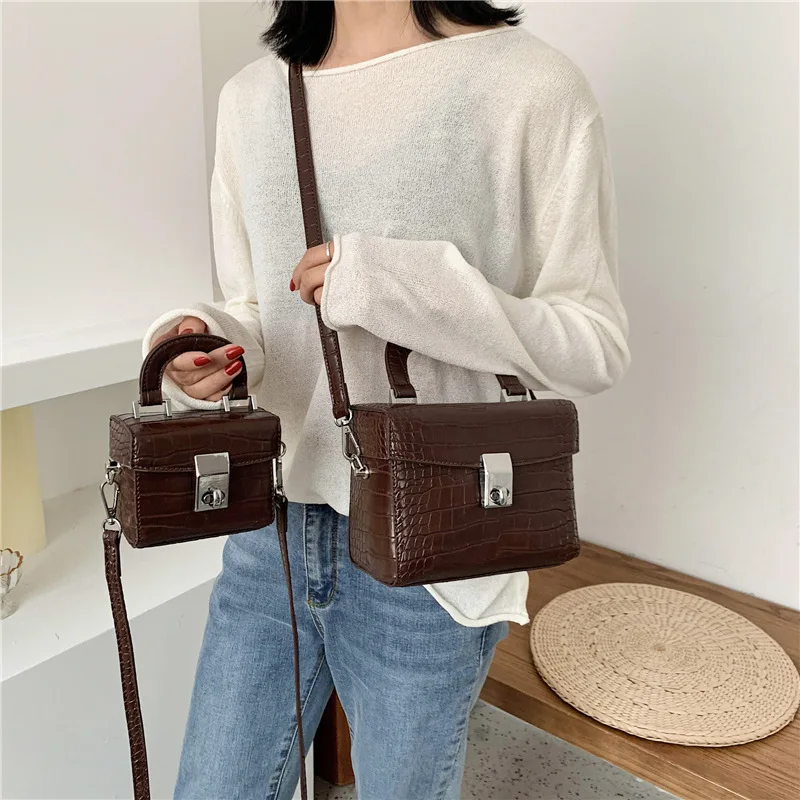 

Spring Casual Textured Women's 2020 New Style Fashion Crocodile Pattern Box Shoulder Bag Shoulder Square Sling Bag (Large Small)