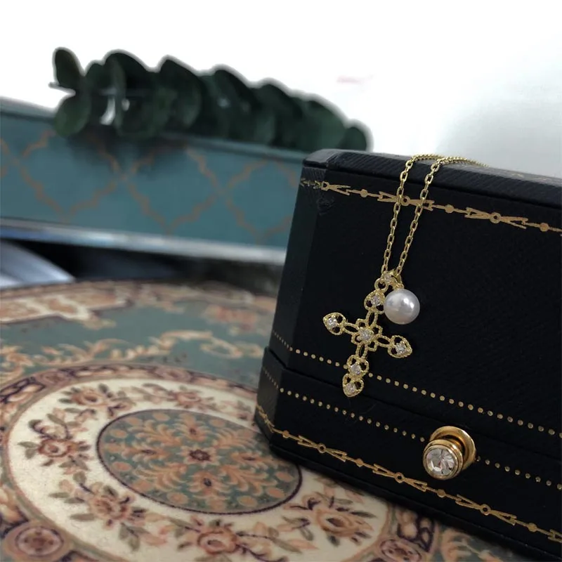 Simple MORI Series S925 Fine Silver Plated 14K Inlaid Zircon Cross Hollow out Exotic Retro Delicacy Necklace Pendant