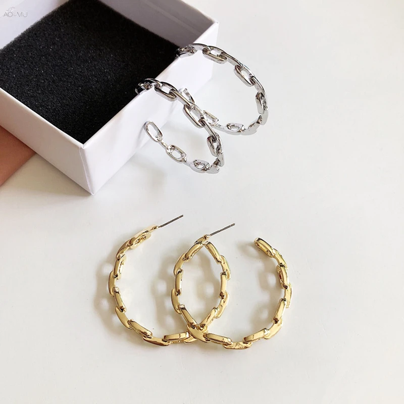 AOMU геометрические большие круглые серьги с металлической цепочкой золотые серебряные женские серьги-гвоздики вечерние Ювелирные изделия Подарки