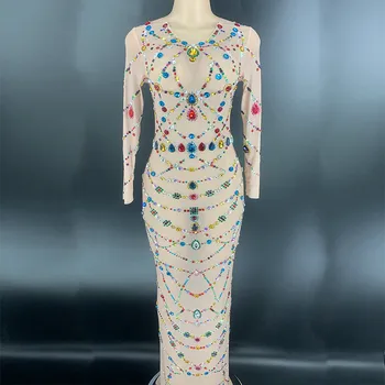 

New Sexy Dance Costumes Women Dress Multi-color Rhinestones Transparent Long Dresses Bar Birthday Party Dresses Mesh See Through