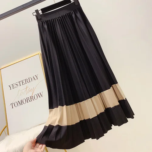 black Новое поступление, Женская плиссированная юбка с принтом в полоску, короткая плиссированная юбка с высокой талией, женская юбка, трапециевидная юбка до середины икры - Цвет: black