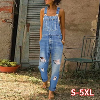 

Women Denim Overall Long Casual Romper Jumpsuit Jeans Woman Jean Jumpsuits Plus Size Women Pant Trousers Hole Ripped Jumpsuits