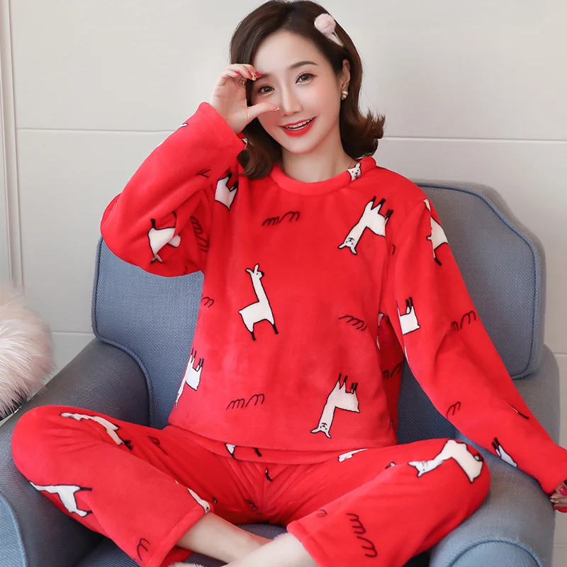 016 Pjs осень зима коралловые бархатные пижамные комплекты женские с длинным рукавом Теплые утолщенные милые Фланелевые домашние костюмы - Цвет: 016