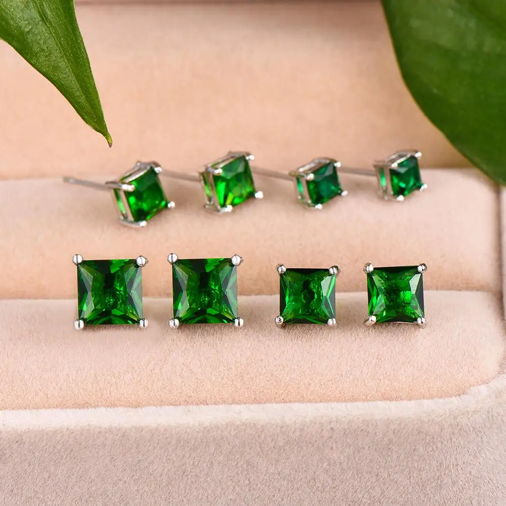 Simple Green Stone Square Stud Earrings For Women Men Princess Crystal Wedding Ear Studs Vintage Bone Earring Mom Jewelry