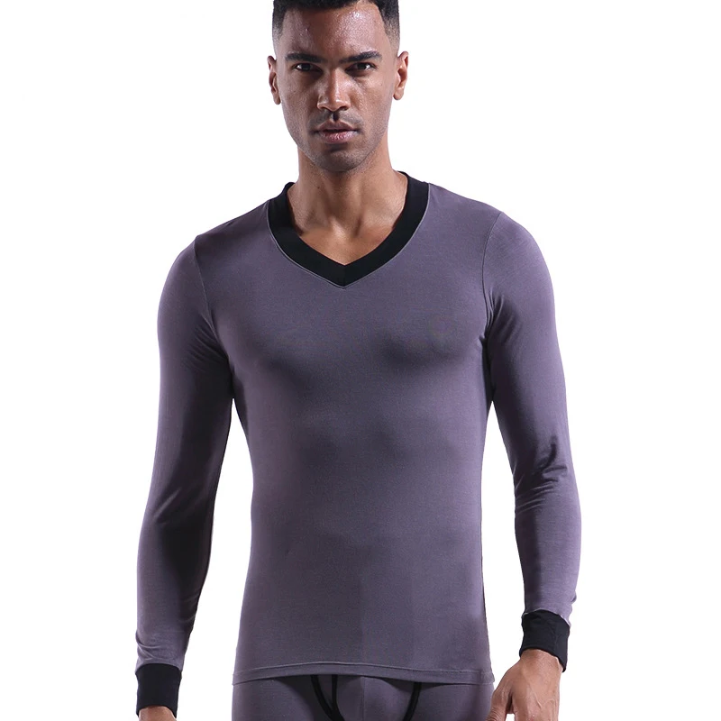 Men Thermal Underwear Modal Thin Warm Tops Winter Clothes V Neck Long Sleeves