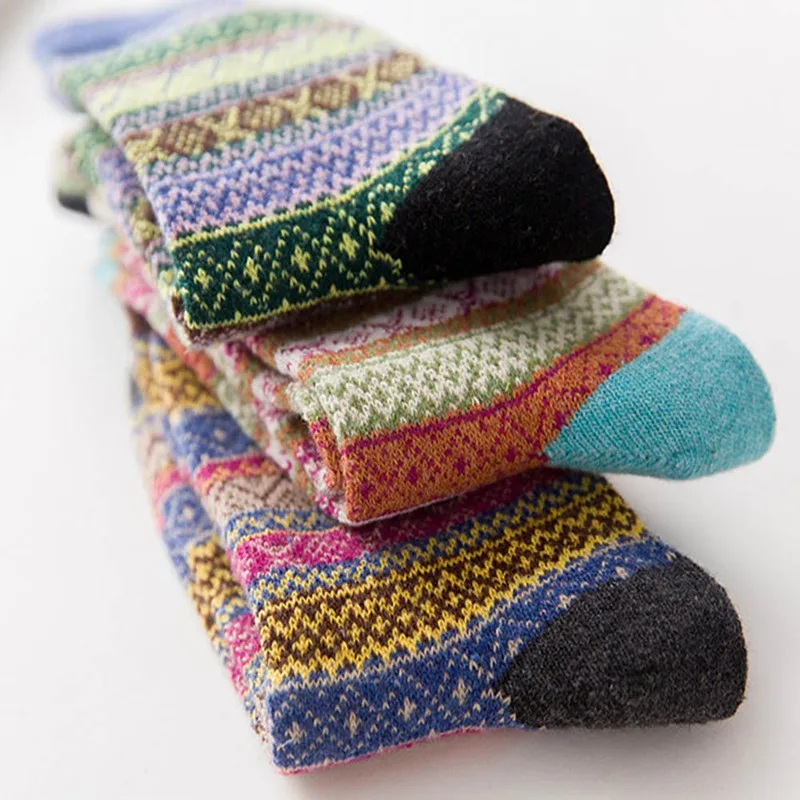 5 пар/компл. Для женщин зимние Для женщин s Винтаж SocksWinter мягкий теплый толстый холодной шерстяного трикотажа нескользящих носочков с геометрическим принтом, удобные