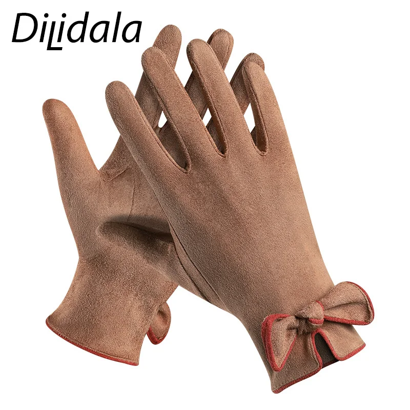 Dilidala, женские замшевые перчатки, зимние, для улицы, сенсорный экран, для покупок, для свиданий, с бантами, элегантные, теплые, для девочек, перчатки, мягкие, удобные, перчатки
