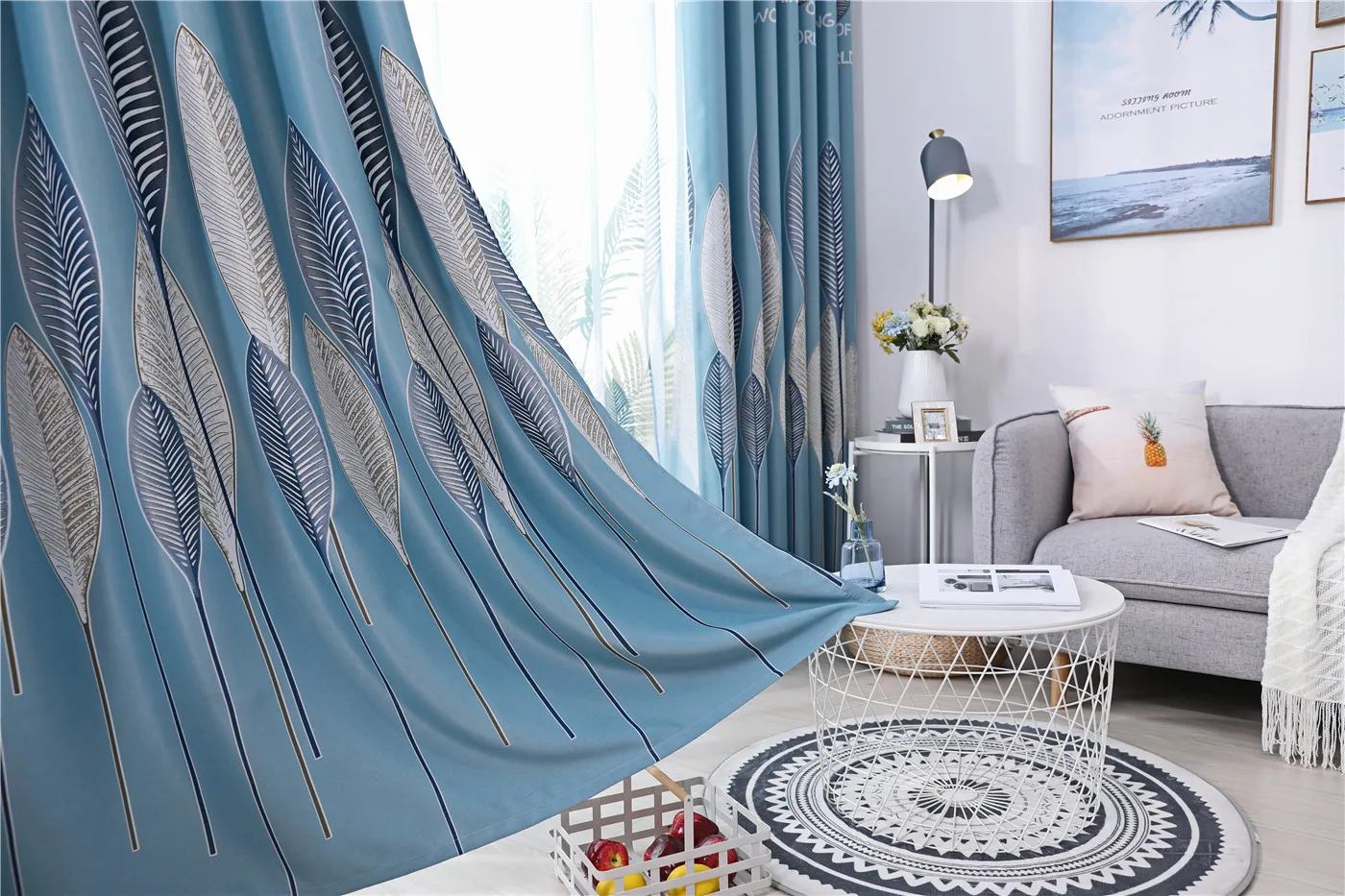 Blue Curtains Cloth Современные занавески s для гостиной, тюль, роскошный принт с листьями, вуаль, шторы, оконная панель, затемненная занавеска для спальни, готовая - Цвет: Blue Curtains Cloth
