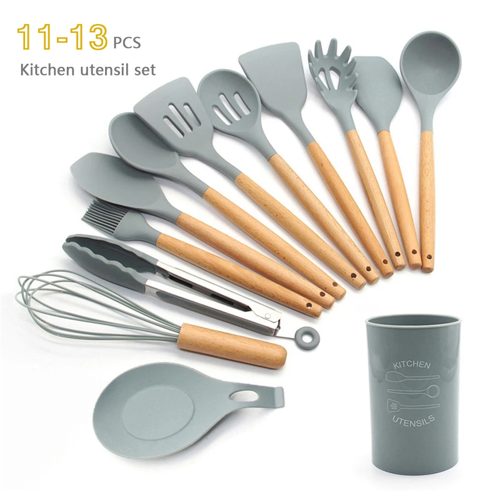 

Silicone Cooking Utensils 11/12/13Pcs Kitchen Utensil Set Non-stick Spatula Wooden Handle with Storage Box Kitchen Tools Gray
