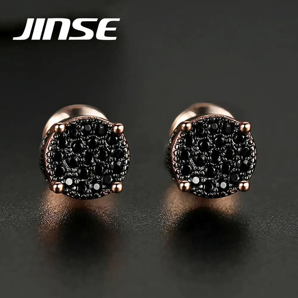 

JINSE 9mm Round Circle Stud Earrings Full Cubic Zirconia Earrings For Men Women Gold Color Charm Hip Hop Jewelry Gift