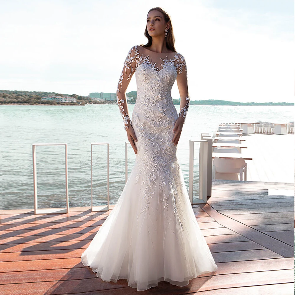 Trouwjurk, свадебное платье с длинным рукавом,, иллюзия, сзади, винтажное, Vestido de Novia, цвета слоновой кости, тюль, роскошное, Abiti da Sposa, свадебное платье