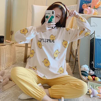 

M to M-2XL big size Women Home wear Lounge clothes Long Sleeve Pajamas Sets Cotton Sleepwear girls homewear housewear