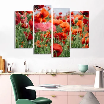 

Laeacco Garden Posters and Prints Canvas Calligraphy Painting 4 Panel Red Flowers Wall Artwork Pictures Living Room Home Decor