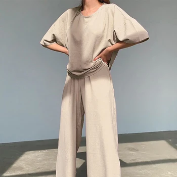 

Women Casual T-shirt Trousers Two-piece Suit Round Neck Short Sleeves Solid Loose T-shirts High Waist Pants Suits 2020 Summer