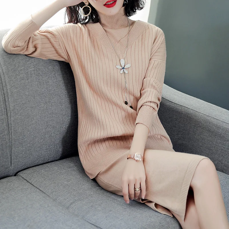 

Large Size 2018 Autumn And Winter New Style High Collar Knit Mid-length Sweater Dress Outfit Women's Two-Piece Set