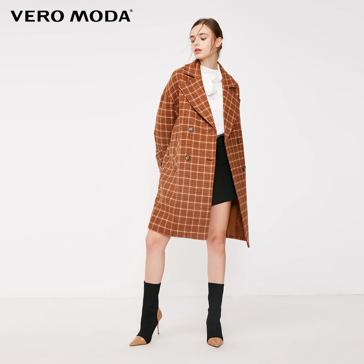 Зимнее длинное шерстяное пальто в клетку с отворотом Vero Moda | 318327551|Пальто|