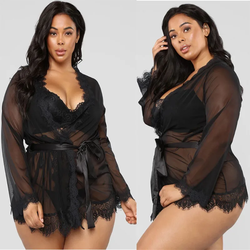 Plus Size Mesh Nightgown Robe With G String + Belt Erotic Lace Babydoll Lingerie sexy kimono Sleepwear Women Underwear Dresses (2)