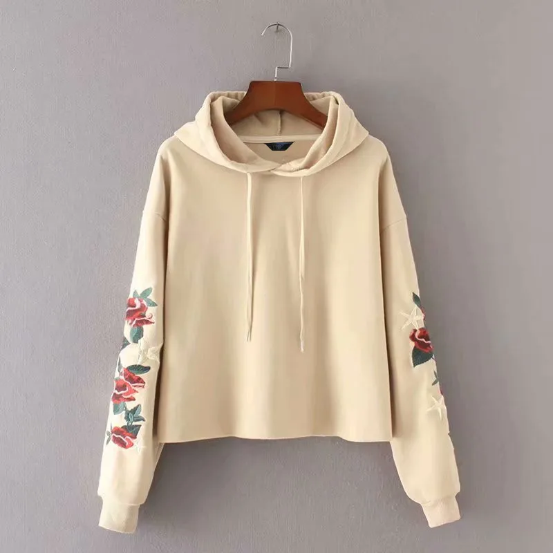 spring and autumn women's new embroidery short hooded sweatshirt plus velvet sweatshirt casual fashion shirt