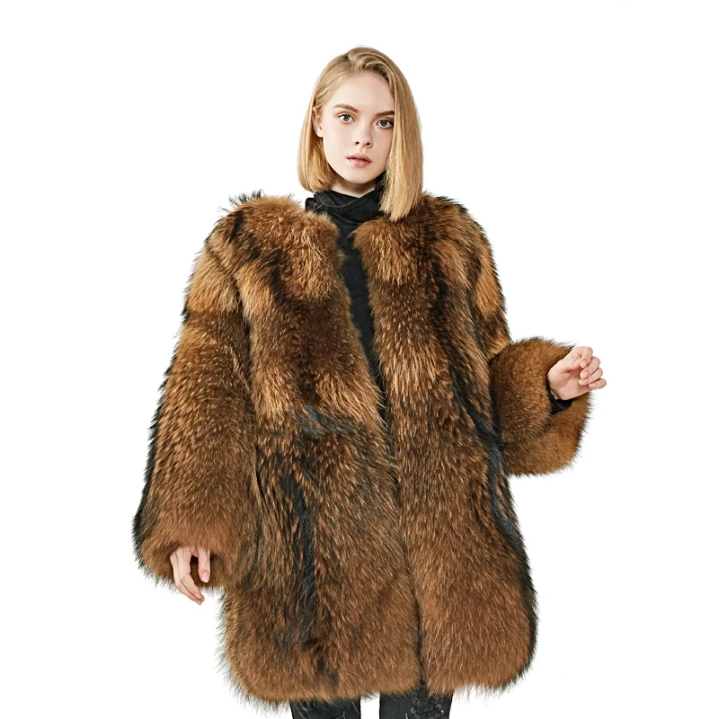 

Women Real Fur Thicken Winter Coat Warm Whole Skin Long Jackets Luxury Female Overcoat Raccoon Fur Coat