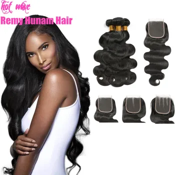 

Hot Wave Remy Brazilian Human Hair Weave Bundles With Lace Closure Extension for Women Black Body Wave 4X4 Weft Free Part