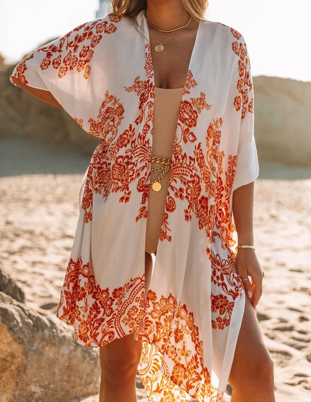 The New 2022 Europeans Printed Cotton Leaves Beach Blouse is Prevented Bask in Beach Dress Sexy Cardigan Bikini Cover ups bikini cover up dress