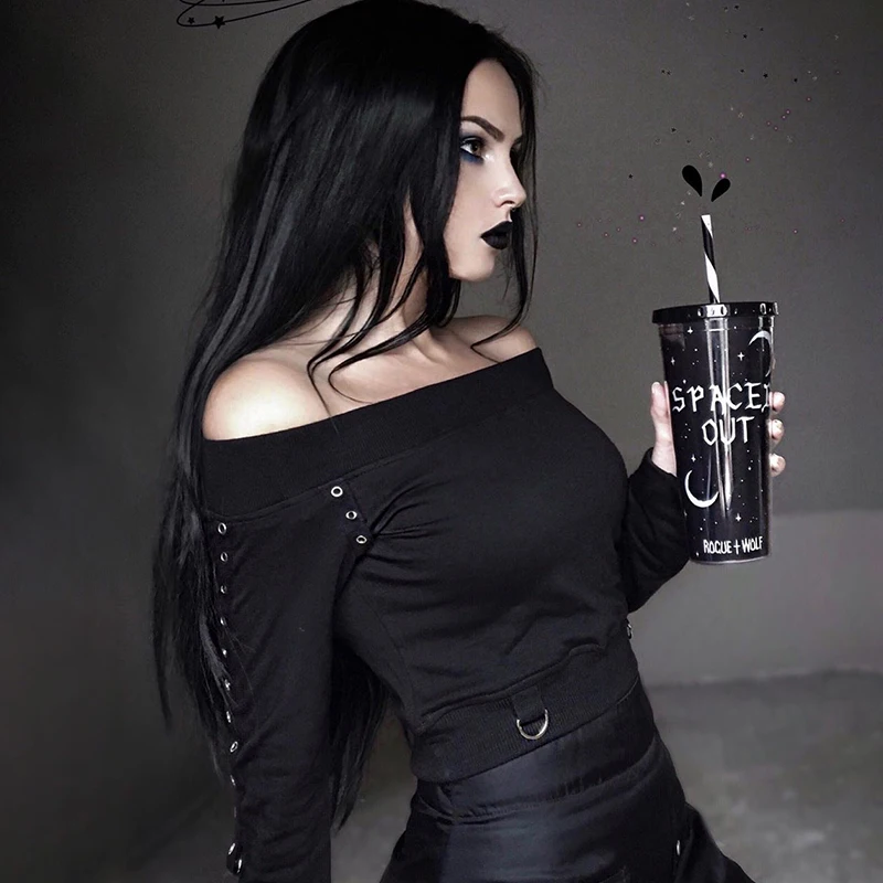  InsGoth Women Crop Hoodies Sweatshirt Gothic Black Short Top Off Shoulder Streetwear Lady Hooded Ca