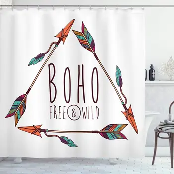 

Arrow Shower Curtain, Tree Arrow in Geometric Triangle Shape Feathers Boho Print, Cloth Fabric Bathroom Decor Set with Hooks