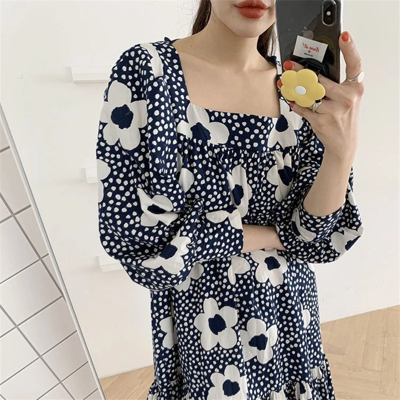 

Casual Chiffon Floral Print Long Dress Women Spring Autumn Blocking Square Collar Puff Sleeve Patchwork Dresses 2020 Autumn