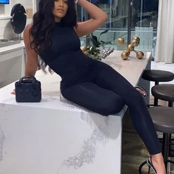 Black Jumpsuit Women Pants Elastic Casual Fitness Sporty Rompers Sleeveless Zipper Activewear Tight Summer Elegance Streetwear