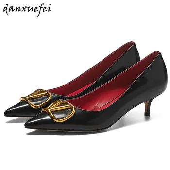 

Women's genuine leather thin high heel slip-on pumps metal buckle elegant ladies OL style pointed toe evening dress shoes women