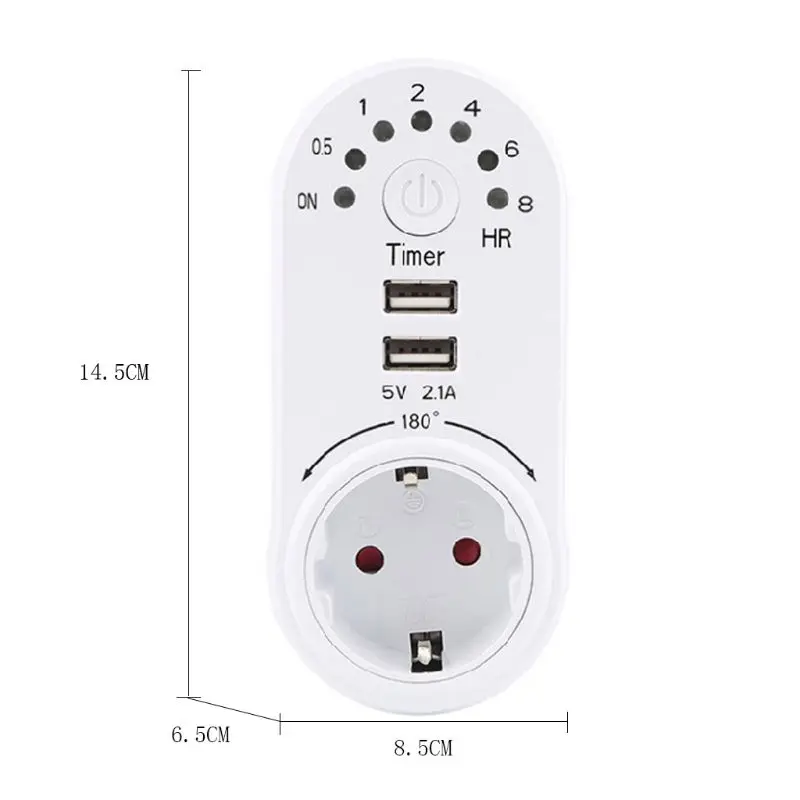 Штепсельная Вилка европейского стандарта, таймер обратного отсчета, умная розетка с двумя usb-портами, вращение на 180 °, 8 часов